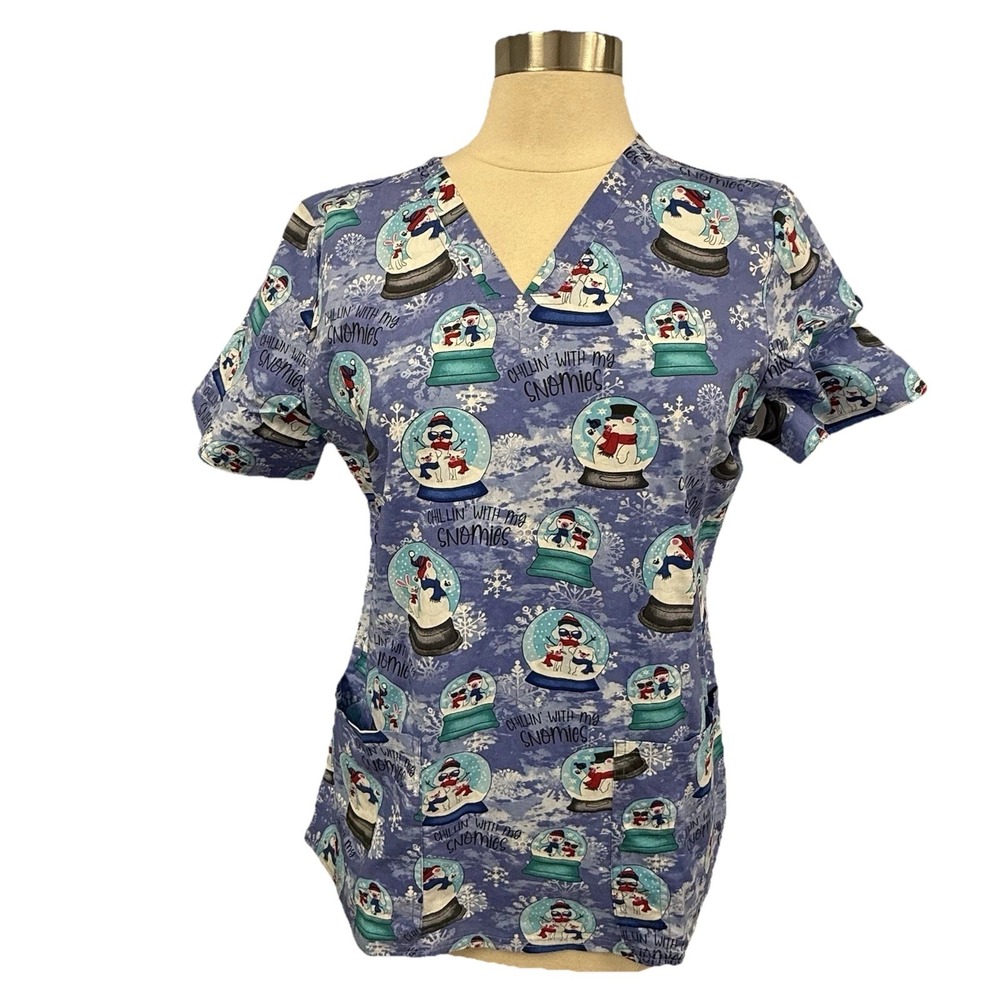 NWT Cherokee Scrub Top L Chillin' With My Snowmies Blue Scrubs Dog Cat Bunny
